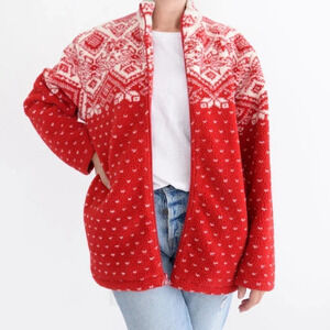 Vintage Norther Reflections Red & Cream  Winter Design Fleece Zip Up Sweater Med